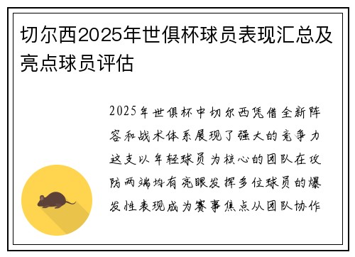 切尔西2025年世俱杯球员表现汇总及亮点球员评估